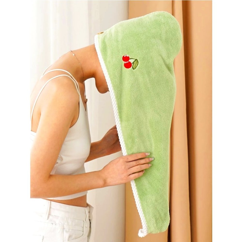 GREEN CHERRY EMBROIDERY HAIR TOWEL 1 PIECE - Picture 2 of 6